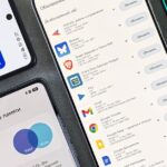 Top view of various smartphones showcasing app update screens indoors.