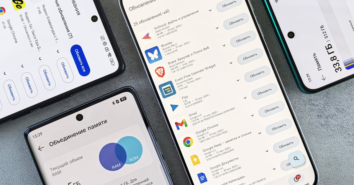 Top view of various smartphones showcasing app update screens indoors.