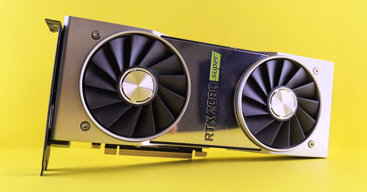 Close-up of a RTX 2080 Super graphics card against a bright yellow backdrop, showcasing high-tech design.