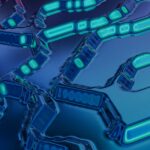 High-tech abstract art featuring blue and teal circuit-like patterns with a digital vibe.