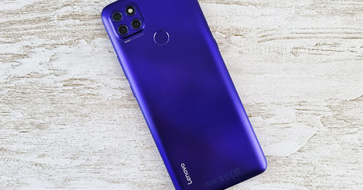 A vibrant blue Lenovo smartphone on a light textured background, showcasing its sleek design and modern technology.